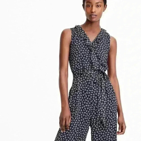 J. Crew Point Sur Sparkle Indigo Floral Jumpsuit Belted Bohemian Coastal Preppy - Picture 2 of 10